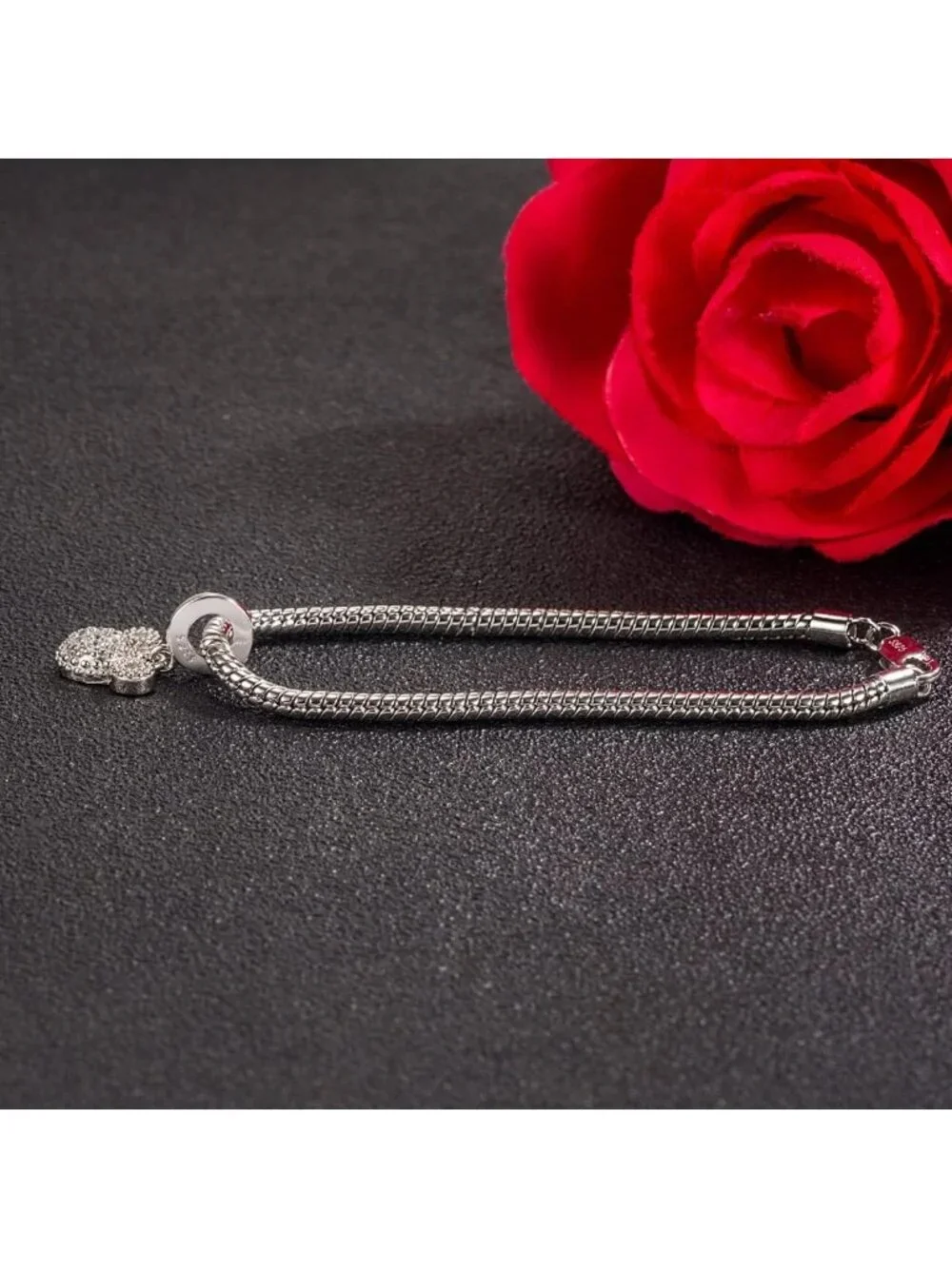 925 Silver Snake Chain Bracelet with Cute Bear Pendant - Adjustable 6.3-9''